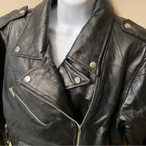 Vintage Patchwork Leather Black Moto Waist Length Jacket